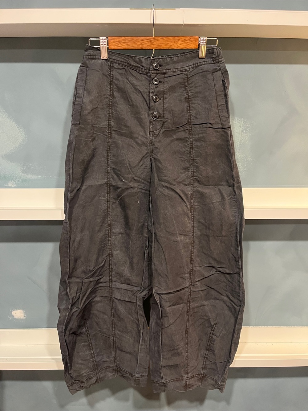 Free People Black High-Rise Wide-Leg Button-Front Track Pants